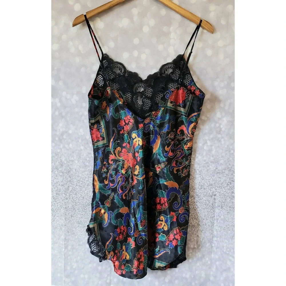 Vintage Victoria's Secret Gold Label Babydoll Slip Black Paisley Lace Size Med